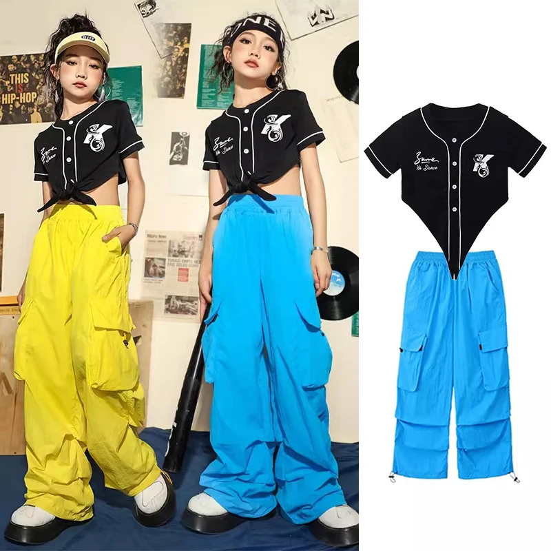 

Black Crop Tops Cargo Pants Kpop Dancewear Cheerleading Costume Jazz Dance Performance Outfit Girls Hip Hop Clothes