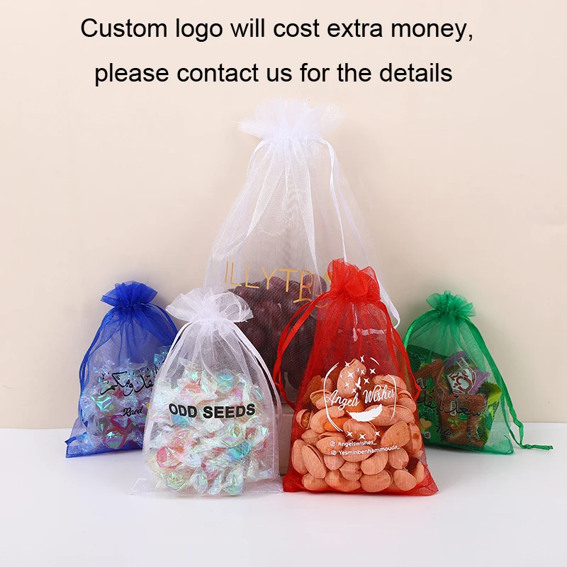 100pcs/lot 5x7 17x23 35x50cm Big White Organza Bags Drawstring Pouches For Jewelry Beads Wedding Party Gift Packaging Bag Logo