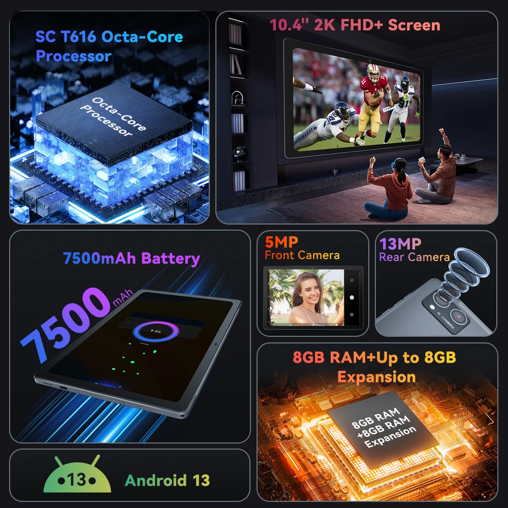 Cubot TAB 40, 2023 New 4G Tablet Android 13, 10.4" FHD+ Screen, Octa-Core, 16GB RAM(8GB+8GB), 128GB ROM, 7500mAh Battery, OTG 6