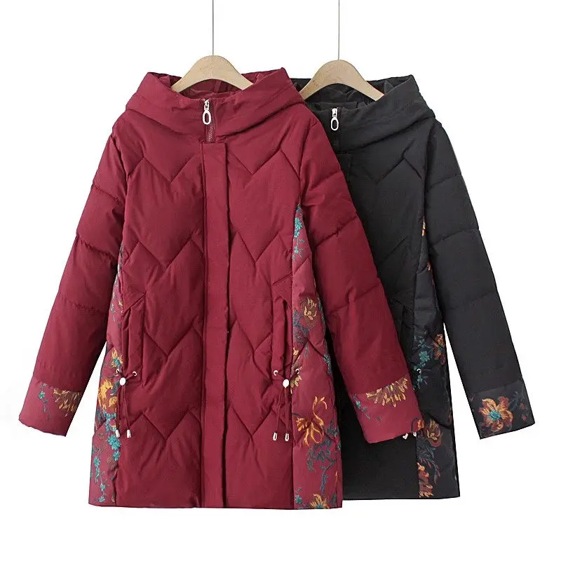 

6XL Winter Korean Jacket Down Cotton Coat Middle-Aged Elderly Mother's Medium Length Hooded Zipper Printed Oversized Parka Z4152