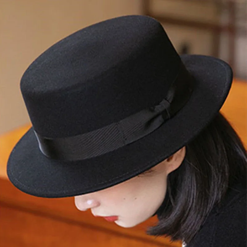 French Black Big Brim Top Hat Women Elegant Retro Style Flat