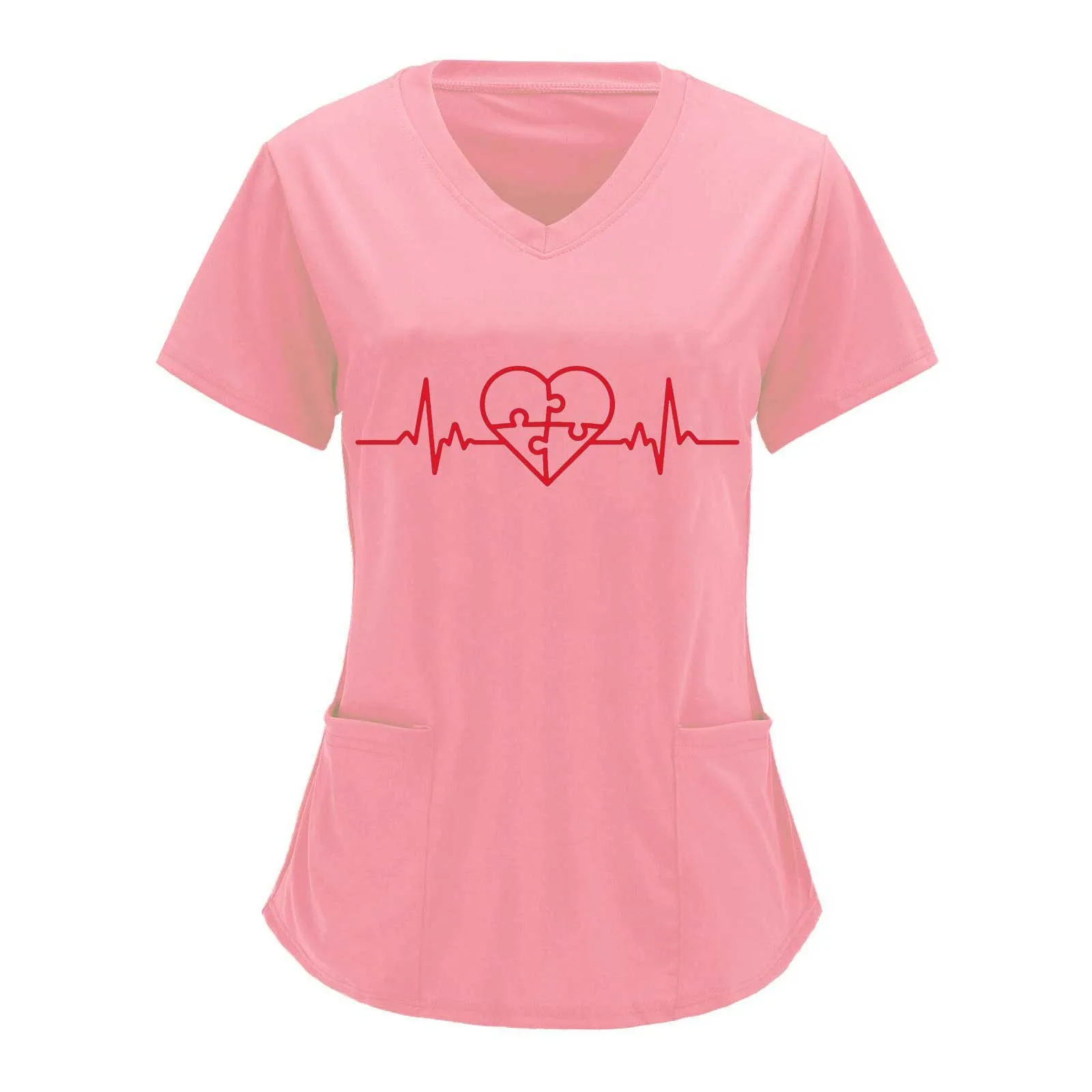 

Valentine'S Day Nurse Uniform Scrubs Women Heartbeat Print Short Sleeve Nursing Working Workwear Workers Tunic Medical Scrubs