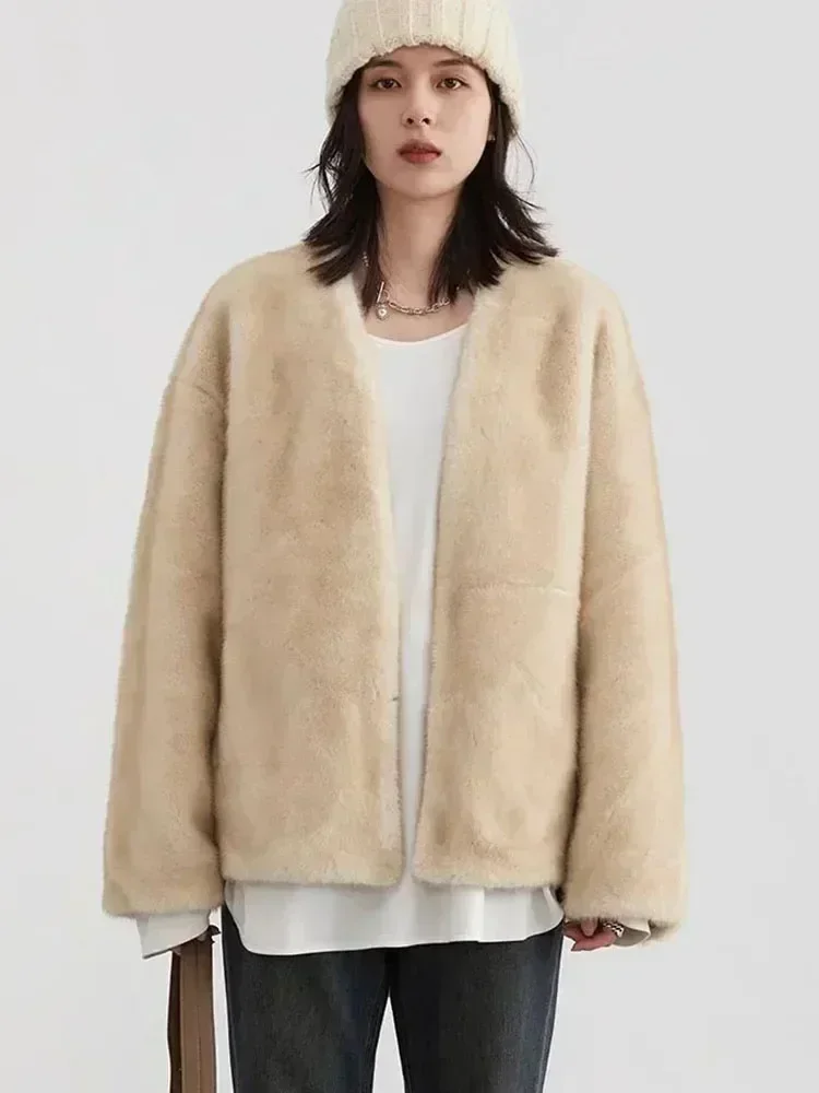 CHIC VEN Women's Jacket Loose Casual Solid Overcoat New Female Plush Coat V-neck Woman Outerwear Autumn Winter 2023 5