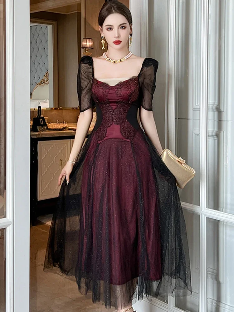 

Женское длинное платье в стиле ретро, роскошное французское платье-трапеция с вышивкой из сетчатого кружева, модель 2024 года
