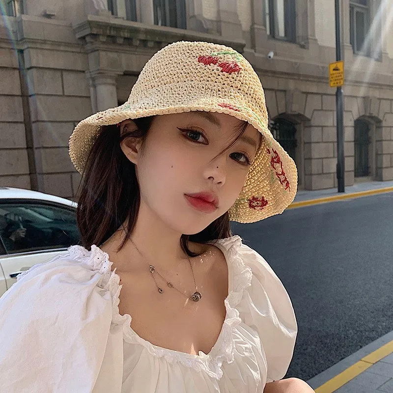 New 2022 Japan Korea Crochet Beach Straw Hat Women Summer Cherry Hat  Sunshade Fisherman Hat Breathable Bucket Hat