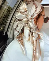 Satin Square Scarf Women Muslim Hijab Elegant 2025 Print Silk Neckerchief Shawl Wraps Headband Handle Hair Accessories Bandana