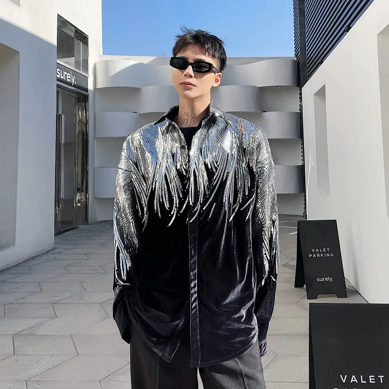 2023 Embroidery Sequin Velvet Fashionable Temperament Men's Long Sleeve Shirts Lapel Personal Design Oversized Tops 9Y6658 body bath back long scrubber wash silicone brush gentle beauty skin personal care rubber belt berus mandi exfoliating bathroom