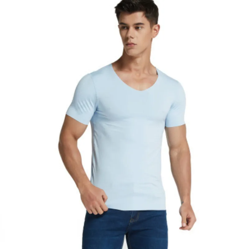 Plus Size Mens V-Neck Undershirts Man Ice Silk Seamless Short Sleeves Basic Shirts Summer Sexy Fitness Body Building Underwear men underwear cotton vest compression t shirt men undershirt short sleeve undershirt sports sleeveless vest tanktop set cotton sleeveless t shirt compression shirt men wrestling singlet