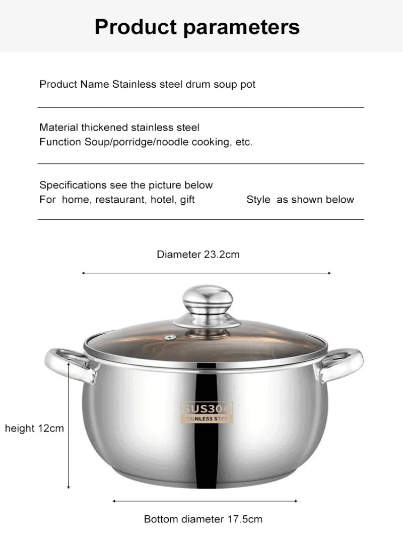 Food grade thickened stainless steel household pot belly soup pot double ear apple