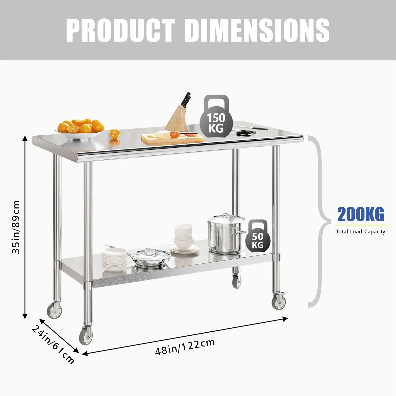 REDLIFE Stainless Steel Work Table 2-Stage Adjustable Shelf w/ 4 Wheels Heavy Duty Food Prep Worktable for Restaurant Home Hotel