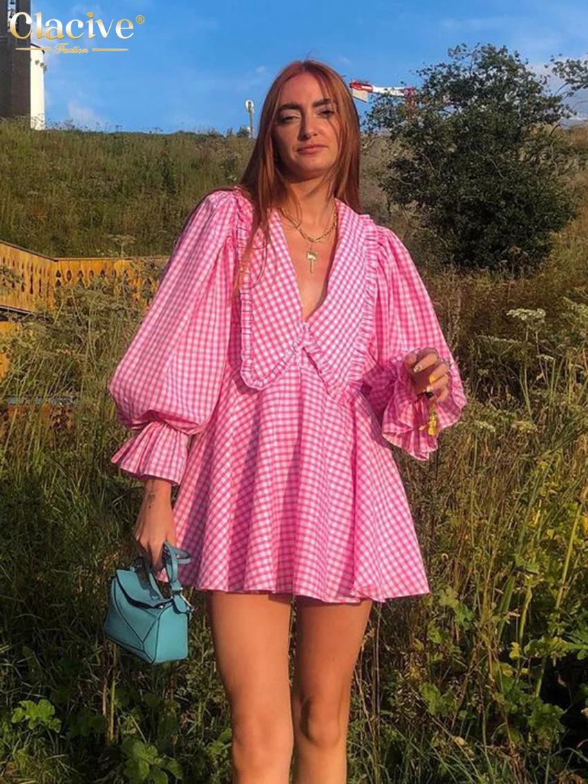 

BabYoung Sexy Deep V-Neck Print Women's Fashion Doll Collar Lantern Sleeve Mini Dresses Elegant Pink Pleated Female Dress