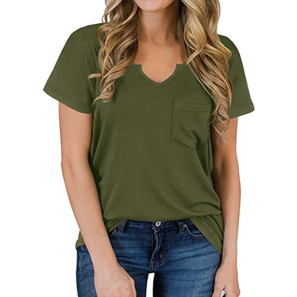 2024 Europe and the United States spring and summer new women's top V-neck pocket short sleeve loose T-shirt woman