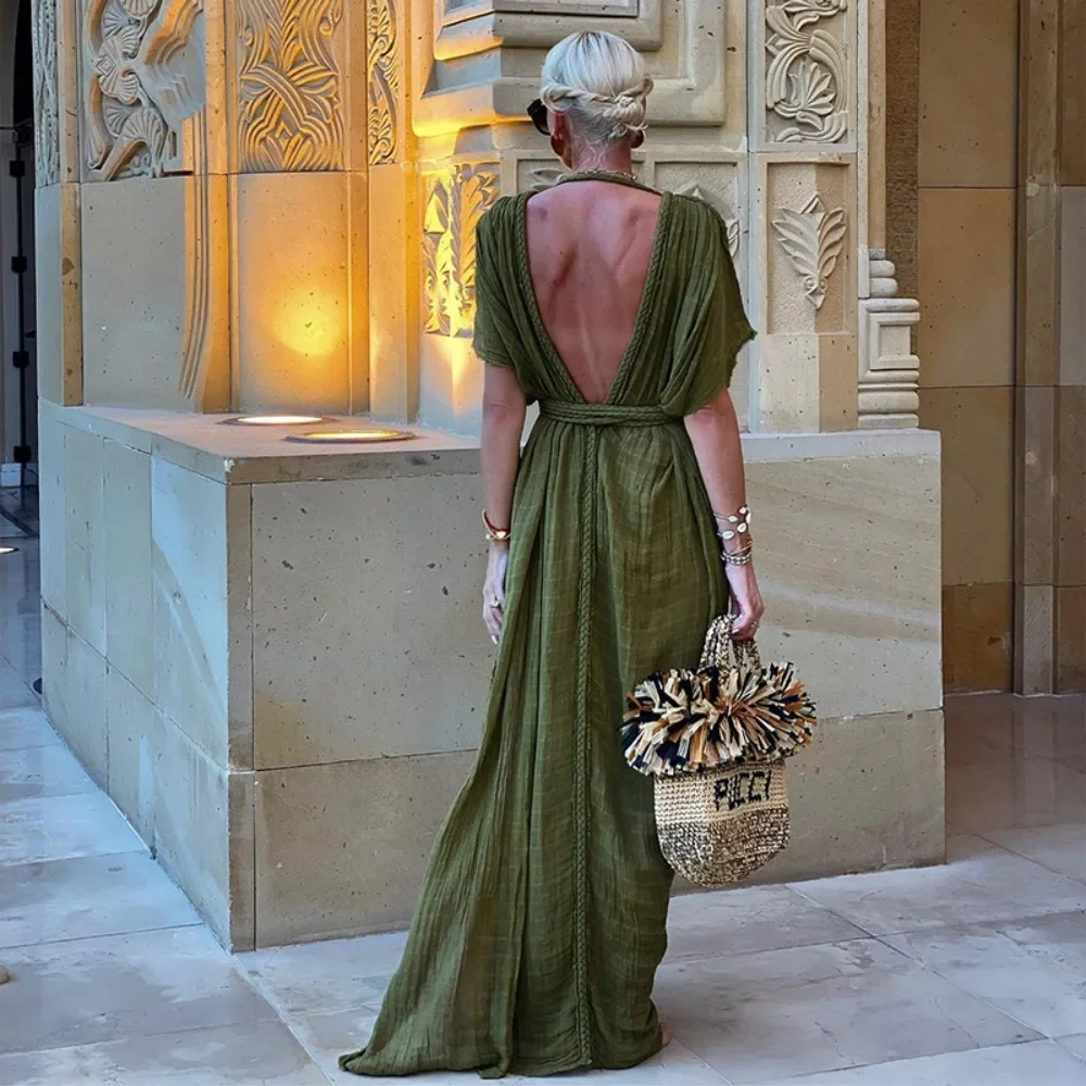 

Green Bohemia Holiday Dress Women Elegant Solid Casual Loose Long Dresses Summer Sexy 2 Side Split Backless Beach Dress 2024