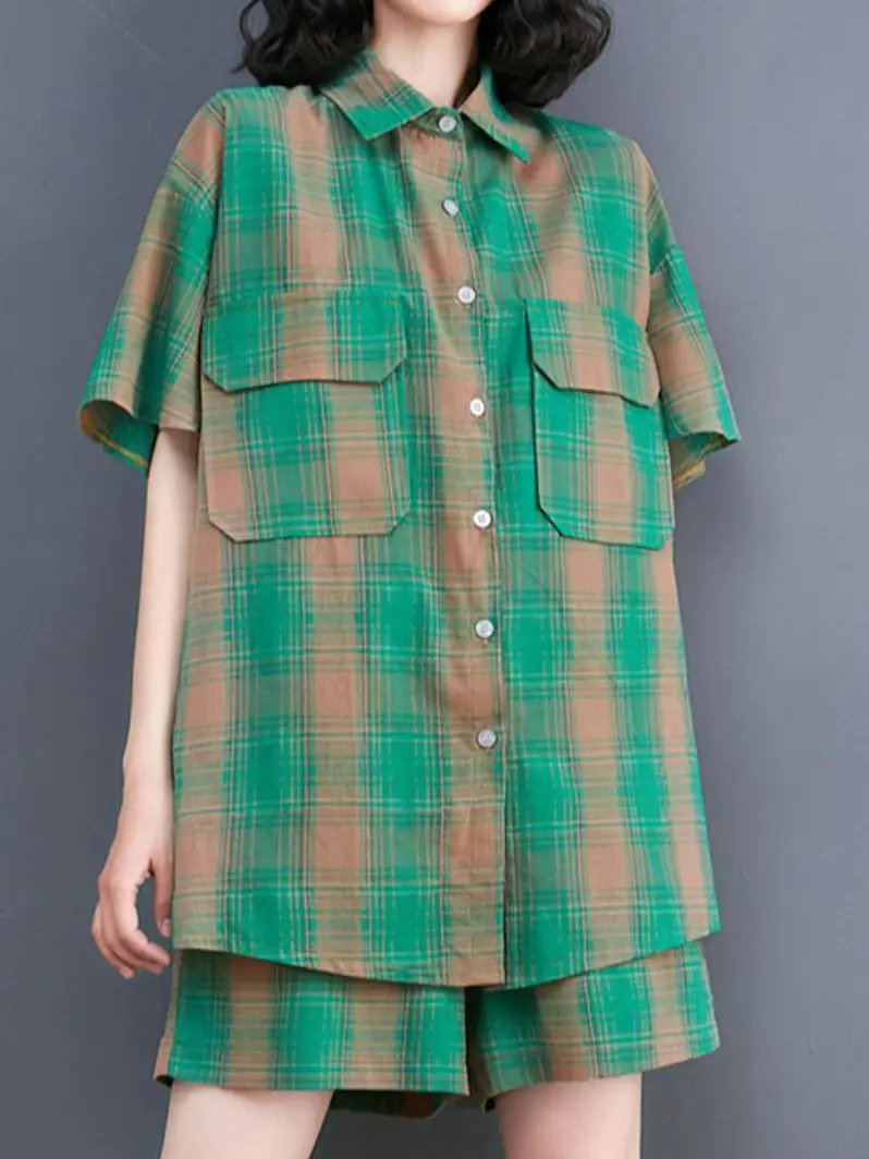

2022 Summer New Vintage Suit Women Casual Cotton And Linen Plaid Shirt Loose Elastic Waist Shorts Oversized Two-piece Set
