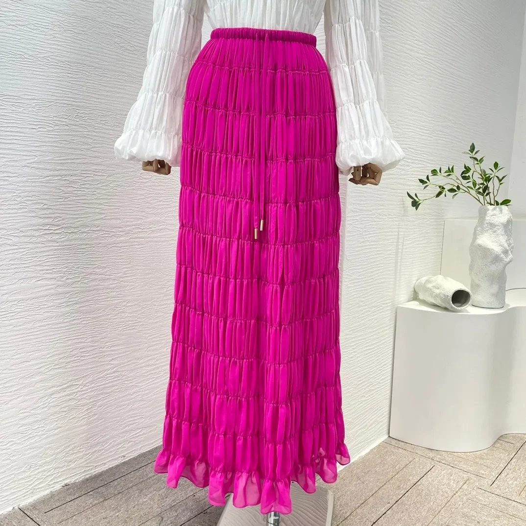 2024 Spring Rose Red Ruched Pleat Drawstring High Waist Midi Skirt