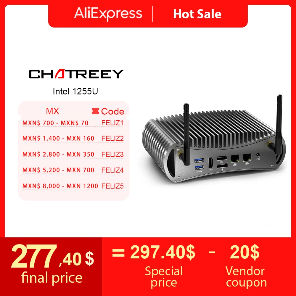 

Chatreey TK12- F Intel i5 1235U i7 1255U Fanless Mini PC Gaming Desktop Computer 3x4K@60GHZ Output Thundbolt 4 Support NVME SSD