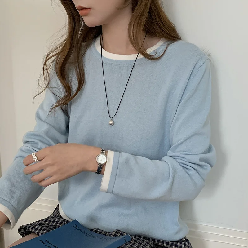100% Cotton Women O-neck Color Blocking Long Sleeved Shirt Spring and Autumn Loose Fashionable Knitted Long Sleeves High Quality
