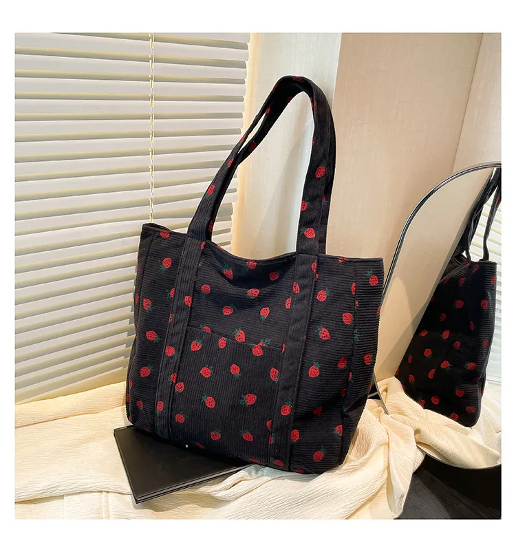 Strawberry Print Corduroy Tote Bag - Large Capacity Vintage Shoulder Bag for Women, Cute Canvas Storage Purse 숄더백