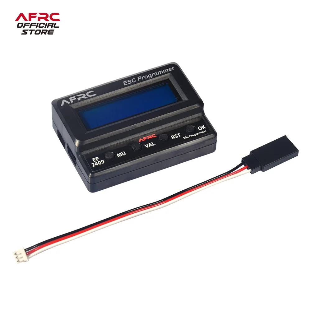 Programmateur connecté à un ESC RC via câble, montrant l'interface de configuration. Achetez le Programmateur LCD AFRC EP2409 pour ESC pour un réglage facile des paramètres.