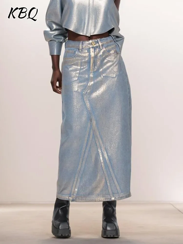 

KBQ Patchowrk Pockets Colorblock Casual Denim Skirt For Women High Waist Chic Loose Minimalist A Line Skirts Female Fashion New