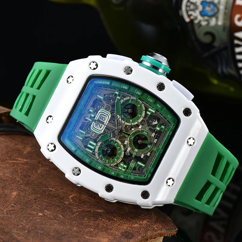 Tonneau Quartz Watch Multifunction 6-Hand StopWatch Calendar Display Silicone Strap Reloj de Hombre Men Military Sports Watches