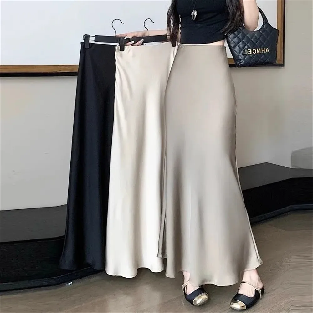 Simulation Silk Skirt Women'S Autumn New High Waist Bag Hip Mid-Length Satin Elegant Umbrella Long Skirt Fishtail Midi Skirt