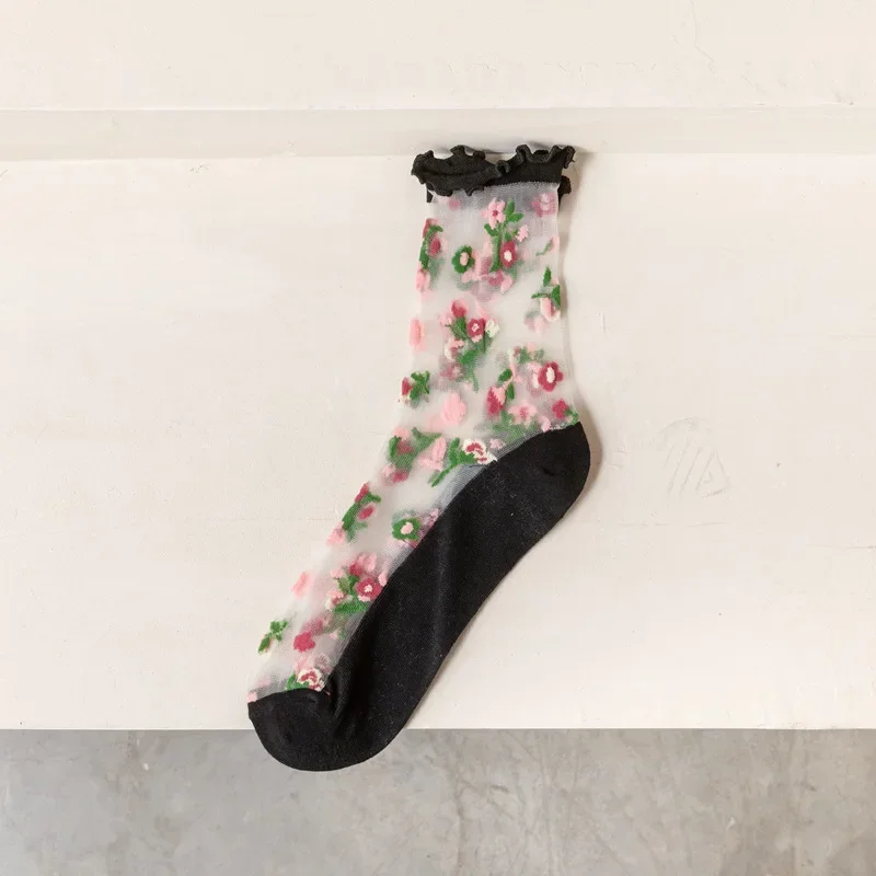 12 Pairs Ultra-Thin Transparent Crystal Silk Socks Women Fashion Summer Harajuku Retro Flower Streetwear Elastic Long Socks