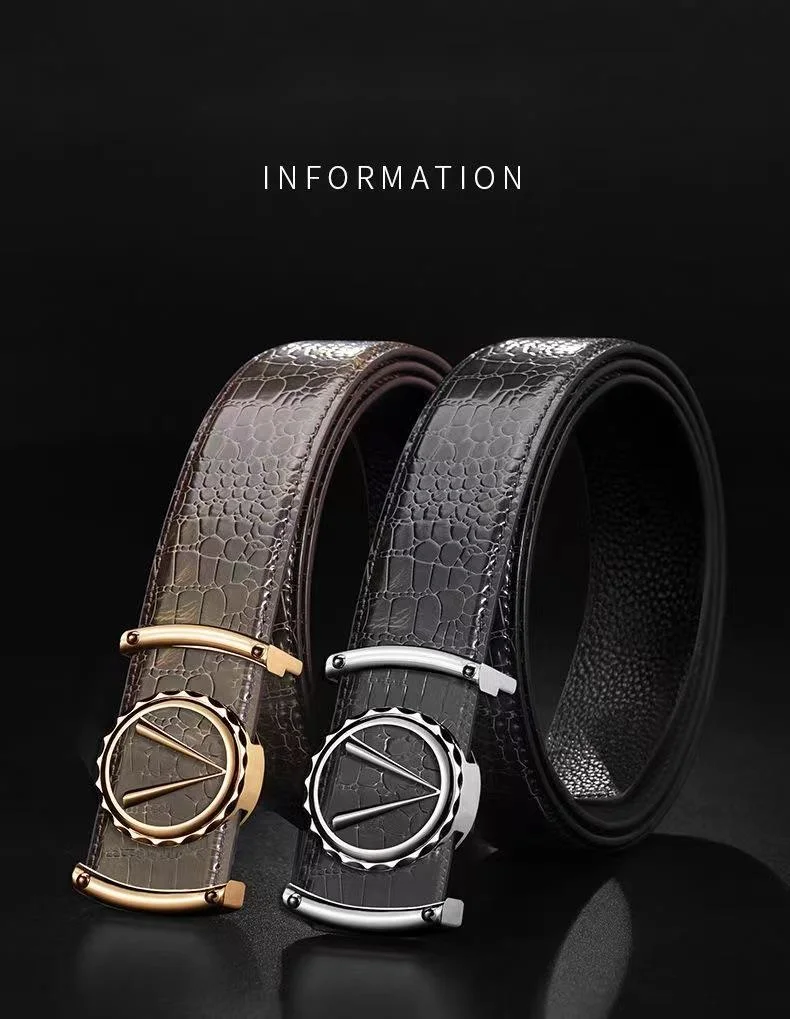 Neuer Krokodilgürtel für Herren aus Oberleder mit zahnloser automatischer Schnalle, echter Leder-Buchstaben-Modegürtel, trendige Marken-Freizeitanzughose_voghion.com