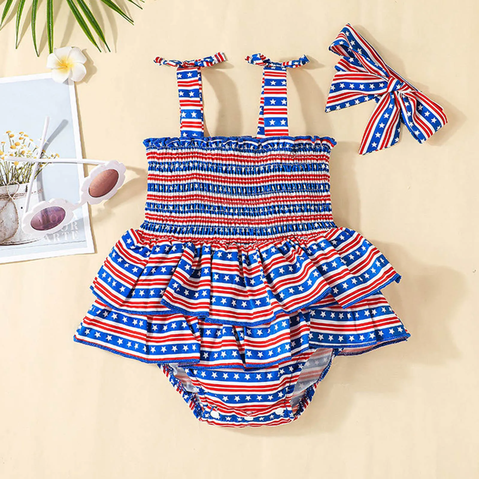 Newborn Baby Girl Clothes Independence Day 4th July Baby Romper Sleeveless Stars Striped Printed 