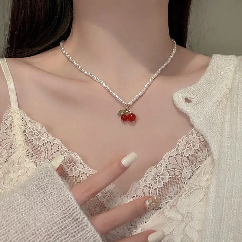 Steel Fun Jewelry Summer Red Cherry Leaf Pendant Necklace