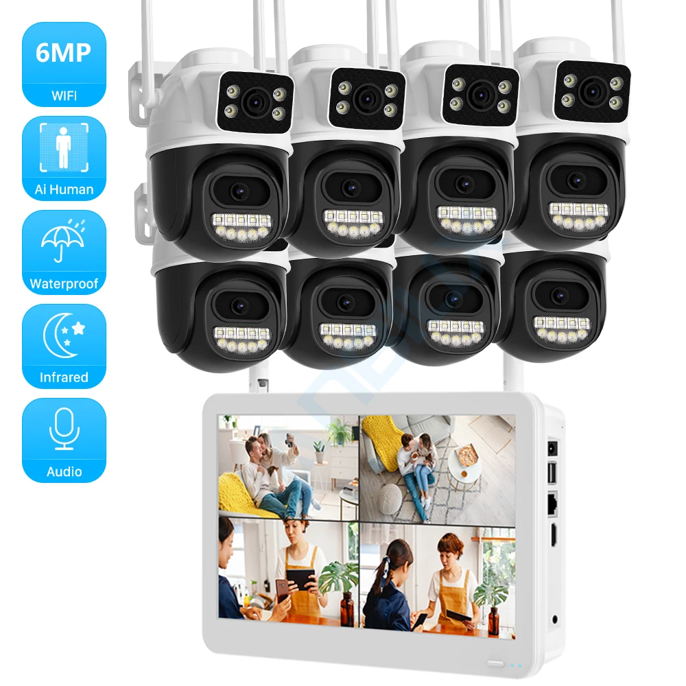 

6MP WiFi Dual Lens Camera Security System Kit 3K IP Cameras With Display 8CH NVR Recorder Set P2P Video CCTV Surveillance System
