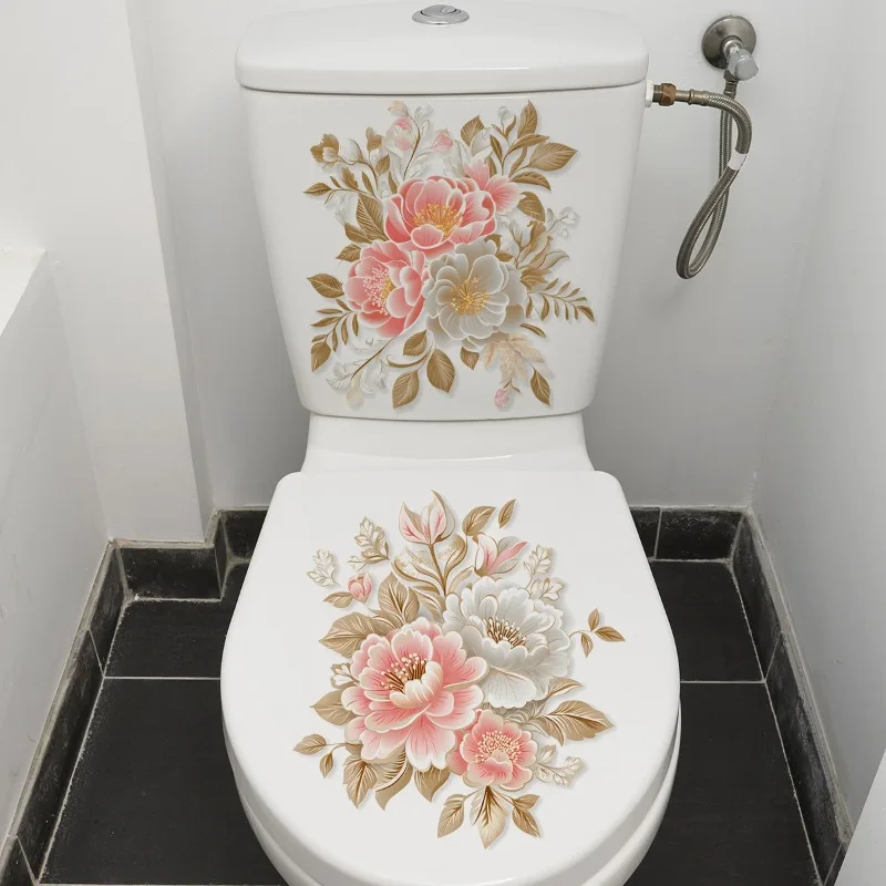 Natural Plant Luxury Flowers Waterproof Toilet Sticker Bathroom Toilet Cover Decoration Self Adhesive Wall Stickers Decal