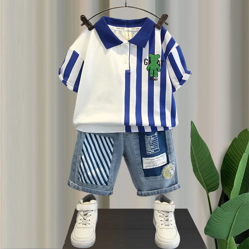 

Toddler Boy Summer Clothes Suits 2-8yrs New Childrens Short Sleeve T-shirts Tops+denim Shorts 2pcs Outfits Boys Clothing Set