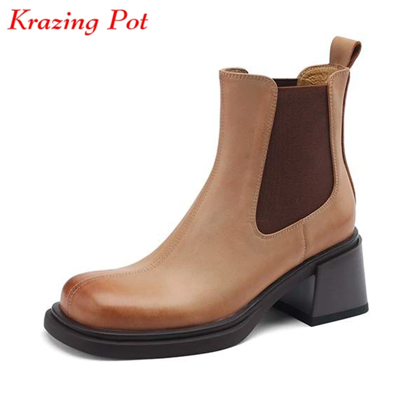 

Krazing Pot Cow Leather Round Toe Winter Warm Chelsea Boots Thick High Heels Solid British School Slip On Platform Ankle Boots