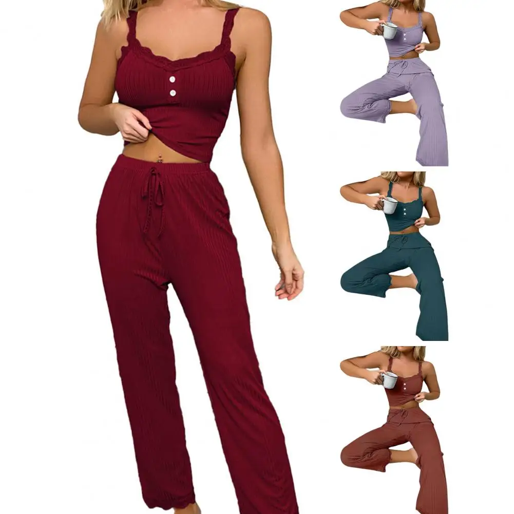 

Women Pajama Set Women's Flower Edge Crop Top Pants Set with Drawstring Waist V-neck Camisole Loungewear Pajama Set for Comfort
