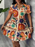 Robe chemise d'été pour femme 2026 à imprimé floral, manches bouffantes, ourlet à volants, coupe trapèze, mini-robe 1