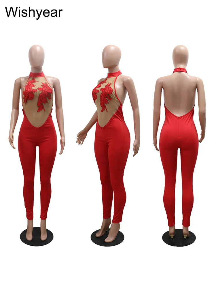 Summer See Through Mesh Jumpsuit Birthday Women’s Sexy Night Party 3D Floral Embroidery Backless One Piece Rompers Club Outfit