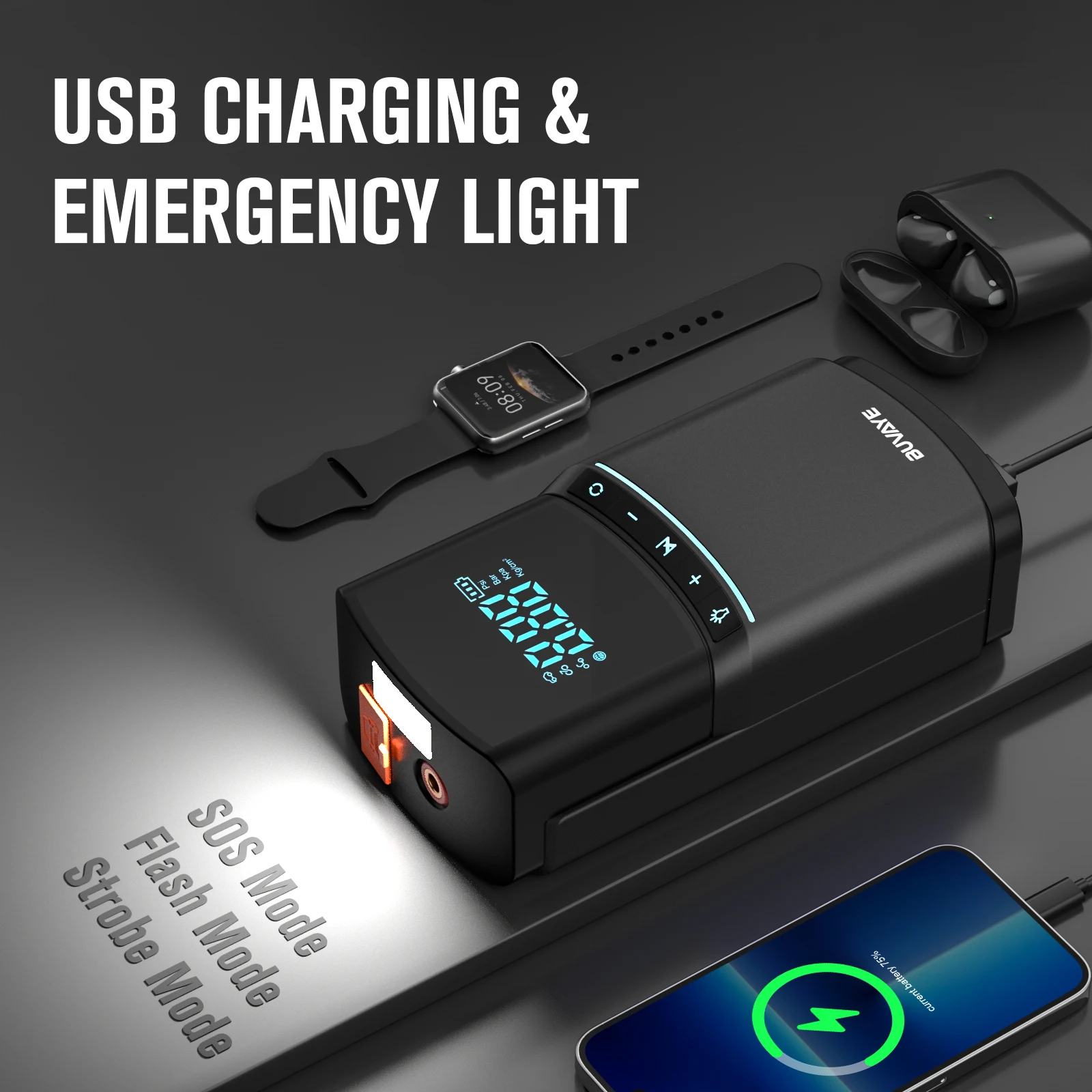 BUVAYE Car Jump Starter 2000A Air Compressor Pump 150PSI Power Bank 12000mAh Battery Booster 12V Digital Auto Tyre Inflator