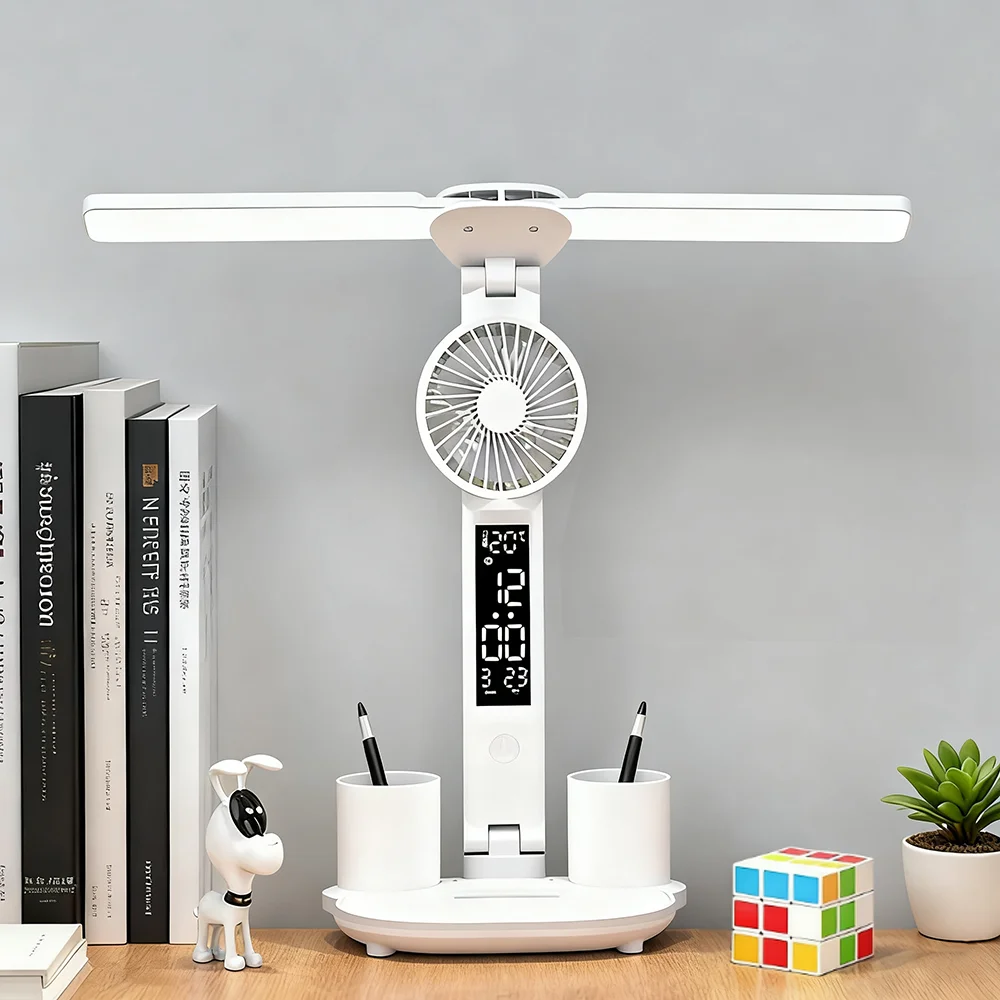 Double Headed Desk Lamp Eye Protection With Fan Table Lamp LED Rechargeable Dimmable Smart Display For Study Reading Night Light