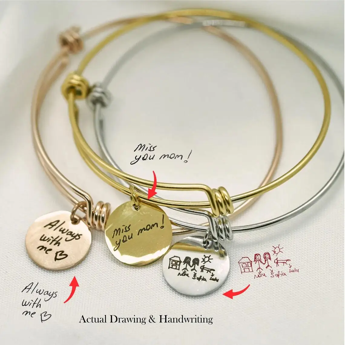 

Actual Handwriting Custom Engraved Bangle Stainless Steel Round Bracelet Personalization Memorial Signature Gift for Lovers