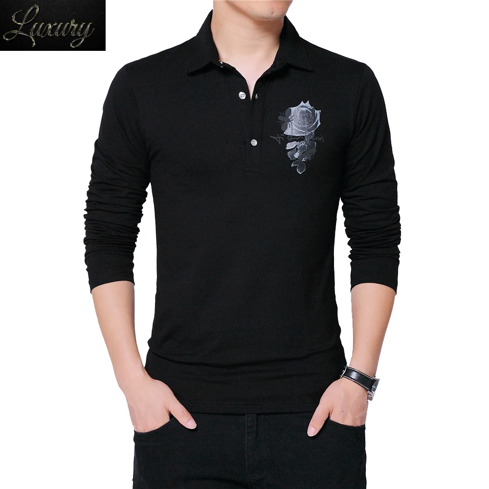 

Autumn Men Casual T-shirt Long Sleeve Flowered Print Design Korean Style Trends Turn-down Collar Slim Fit Elegant Male