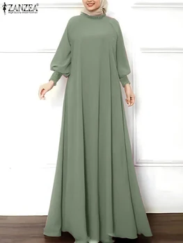 ZANZEA Islamic Hijab Elegant Vestidos Muslim Fashion Shirring Cuff Women Long Sleeve Maxi Dress Solid Ruffled O Neck Abaya Robes