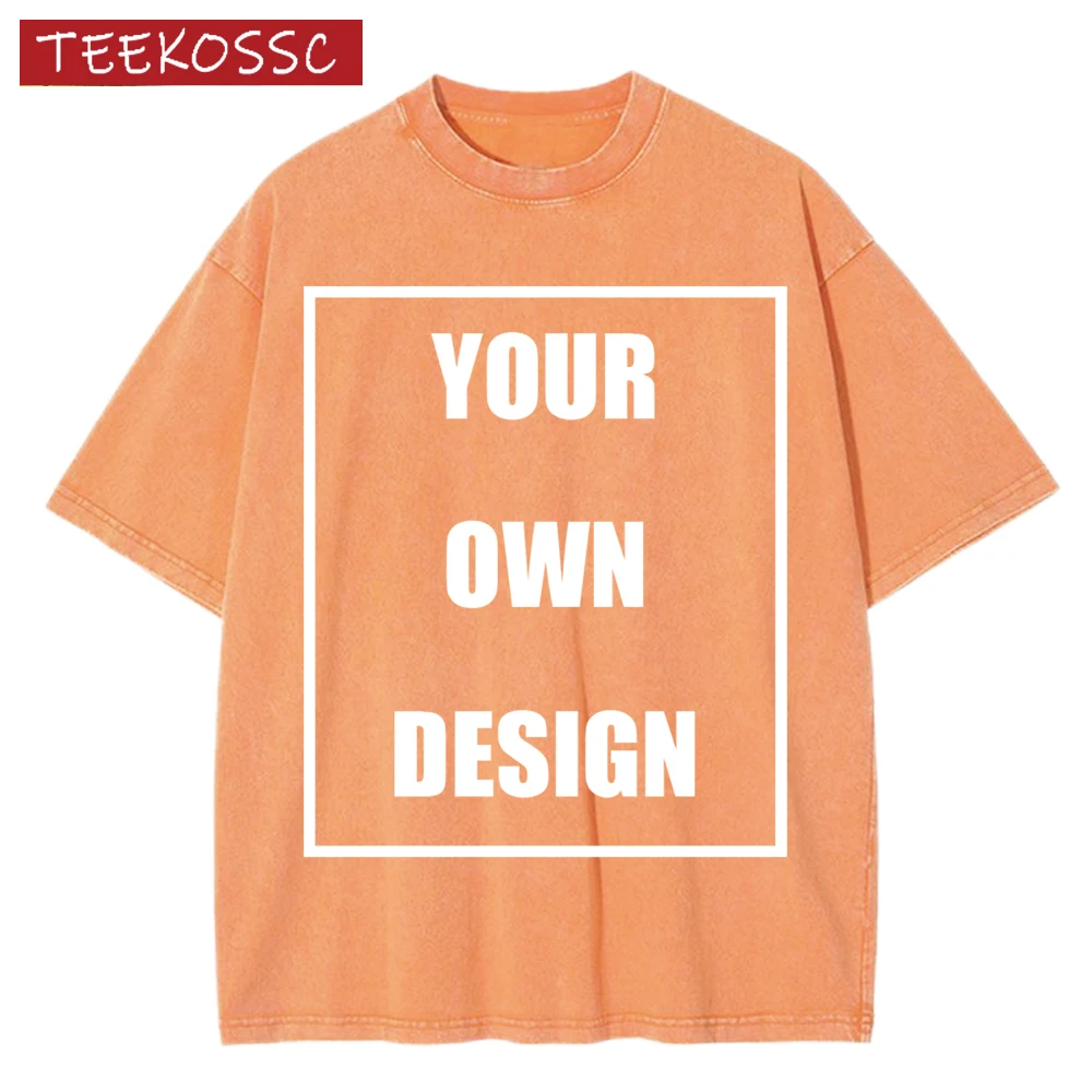 Custom Your Logo Print Summer Cool Snow Wash T-Shirt Cotton Casual Loose Short Sleeve Fashion Retro Tee Soft Couple Streetwear