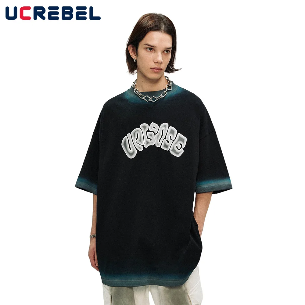 

Letter Print Short Sleeve T-shirt Mens High Street Spray Paint Summer Loose Crew Neck Half-Sleeve Cotton Tee Men