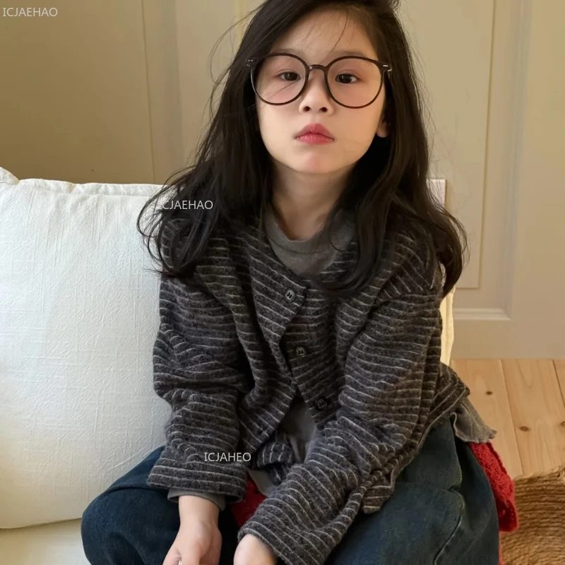Girls Korean Style Toddler Soft Cotton Blend Casual Kids Outerwear Striped Cardigan Round Neck Open Front Coat Autumn Children - 5