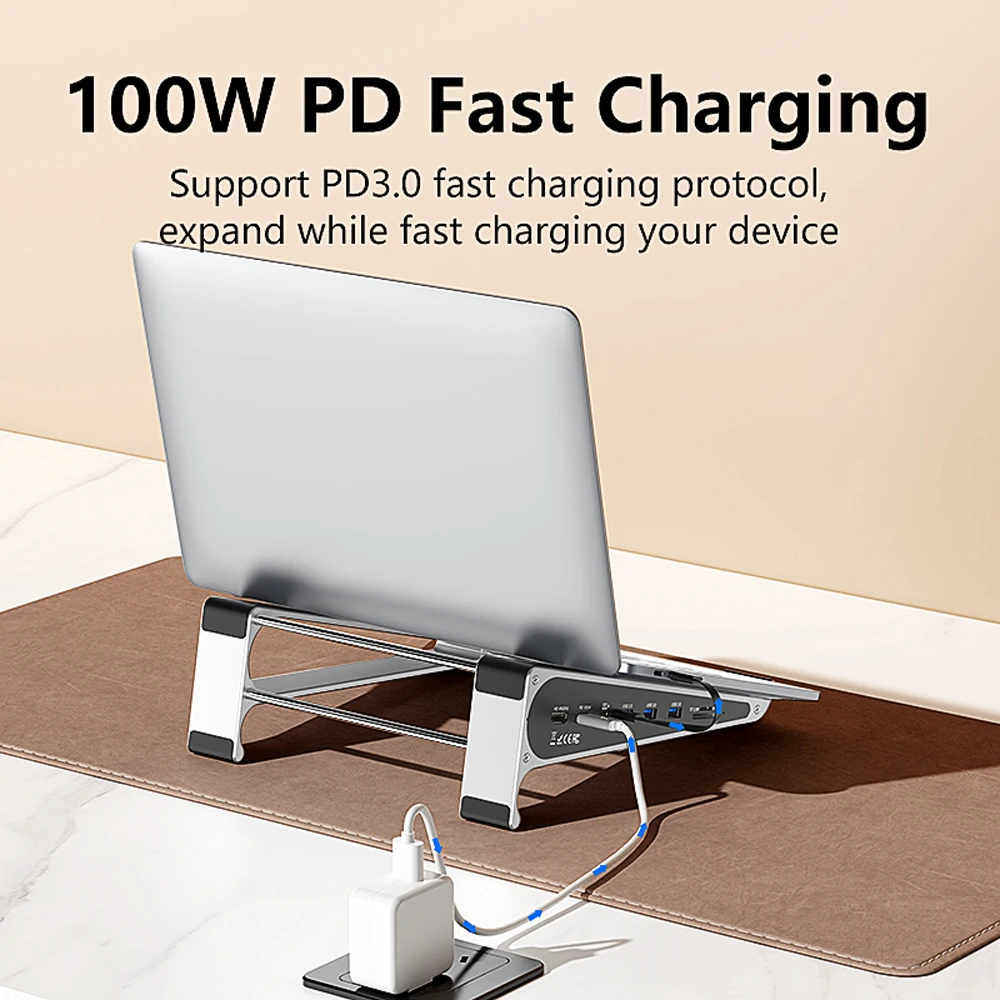 KEBIDUMEI 노트북 브래킷 USB 3.0 허브 7 in 1 USB C 도킹 스테이션 PD 100W 4K 60Hz 기가비트 이더넷 노트북 스탠드 액세서리