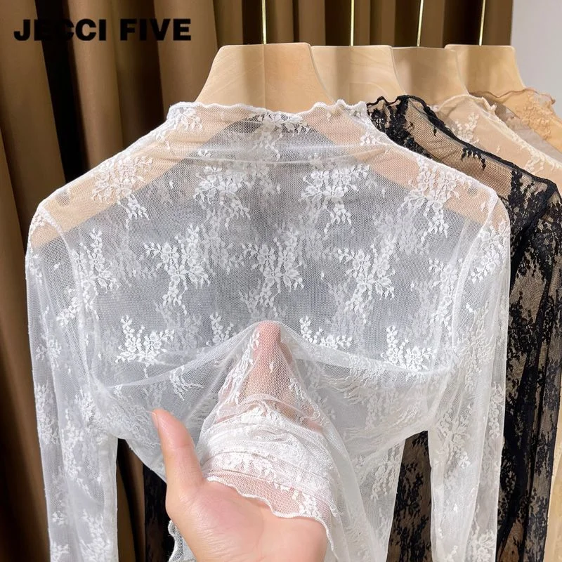 Damen-Oberteil aus transparenter Spitze mit Stehkragen, neue modische dünne Mesh-Bluse, schmal geschnittenes Unterteil für Pullover, elegantes durchsichtiges T-Shirt – Detail 4