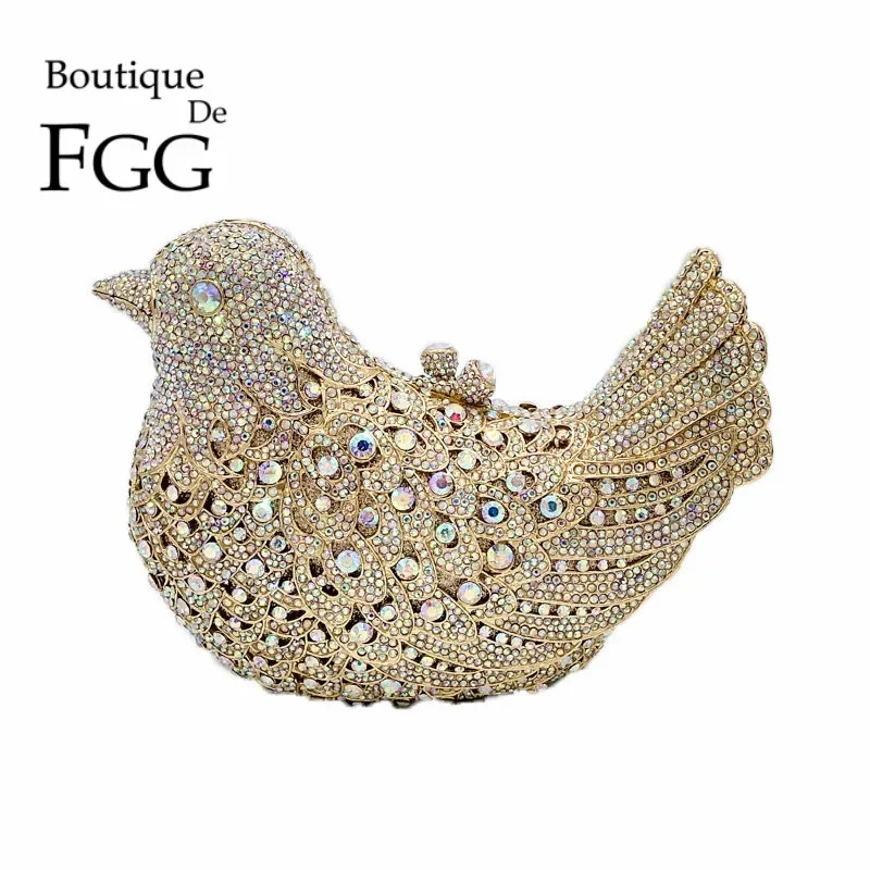 Boutique De FGG 3D Brid Women Gold Crystal Evening Handbags Wedding Party Rhinestone Handbags and Purses Pigeon Party Clutch Bag