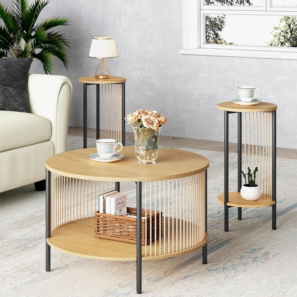 

atural Fiber Rope Coffee Table Set of 3 for Living Room, Round Wooe and Two EnSide Table with Metal Frame for Apartment (Black)