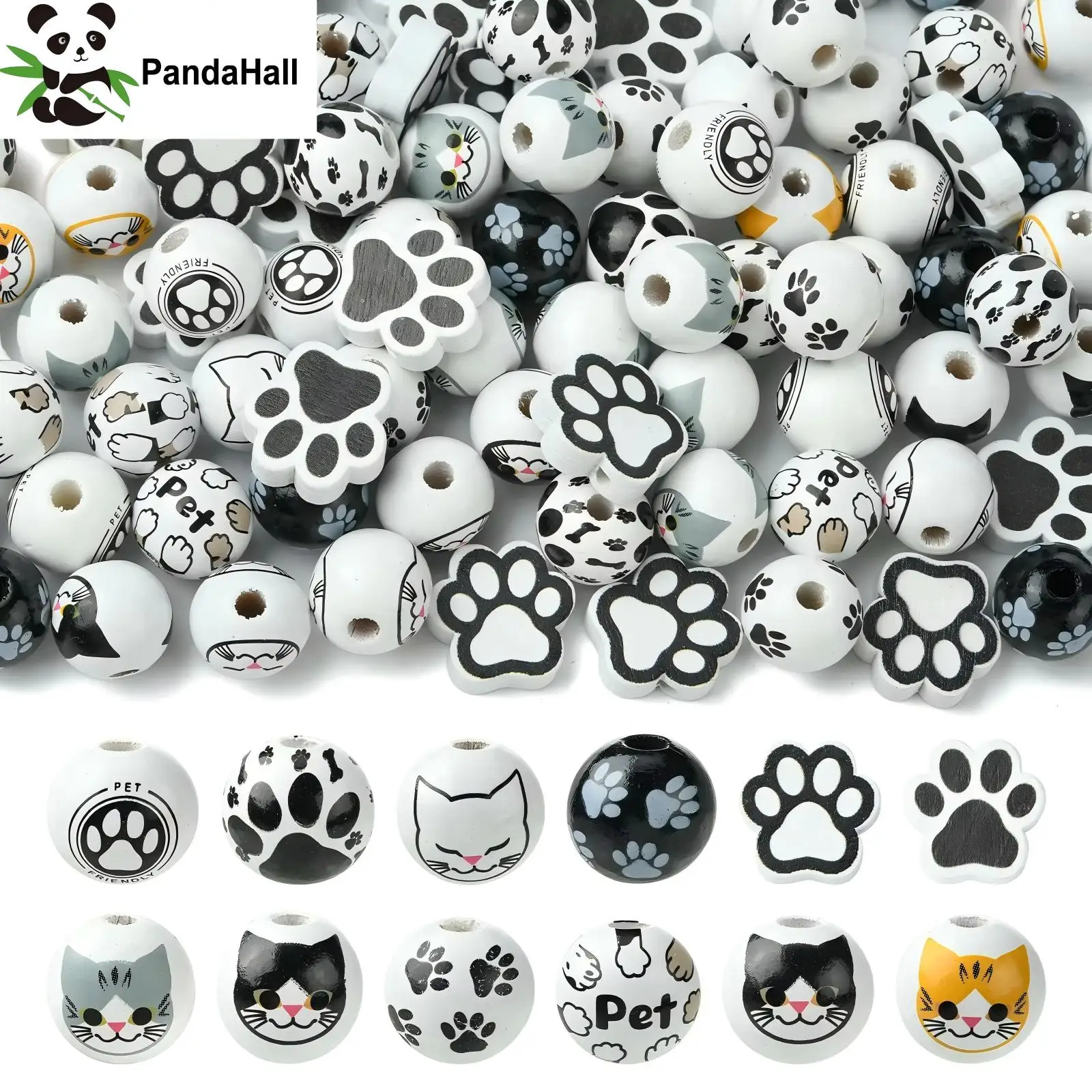 PandaHall 100 Stück 16-20mm Schwarze Weiße Holzperlen Tier-Motiv Katze Hund Perlen mit Großem Loch Europäische Perlen für Schmuckherstellung DIY